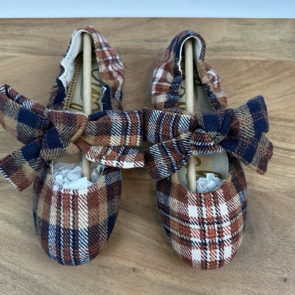 New Big Kids Sam Edelman Felicity Rust‎ Plaid Ballet Flats Shoes Size 1 Y